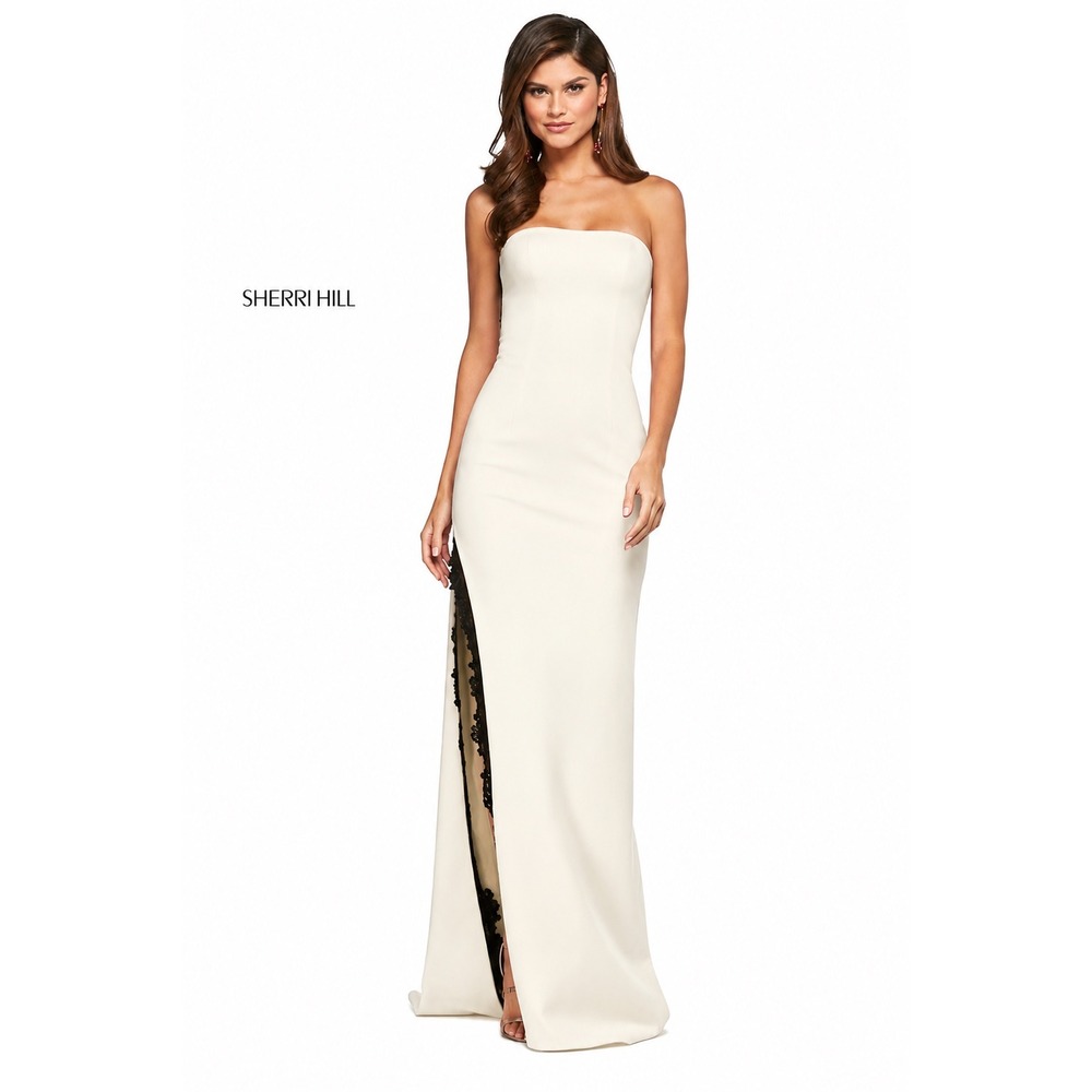 Sherri Hill 53601 Ivory Black Strapless Corset Gown Lace Slit Dress NWT Size 0